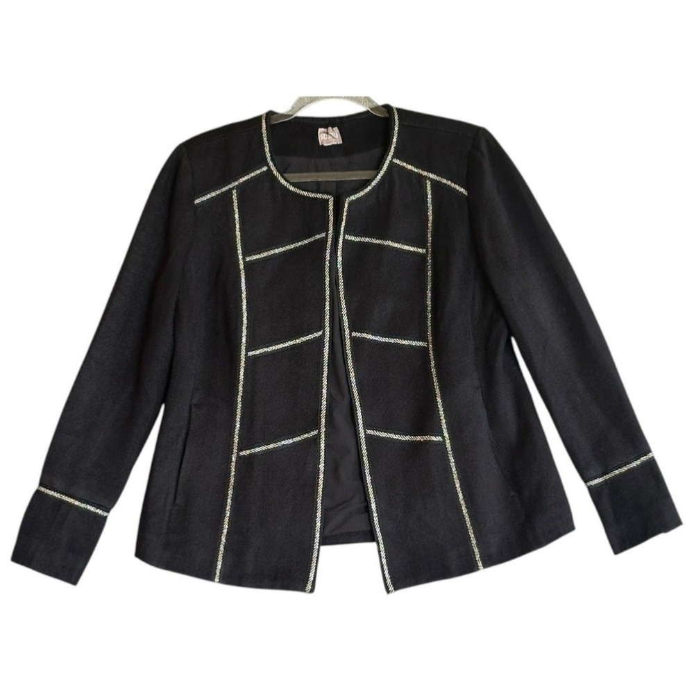 Chico's Open Front Jacket Womens Size 3 Black Metallic Gold Trim Herringbone